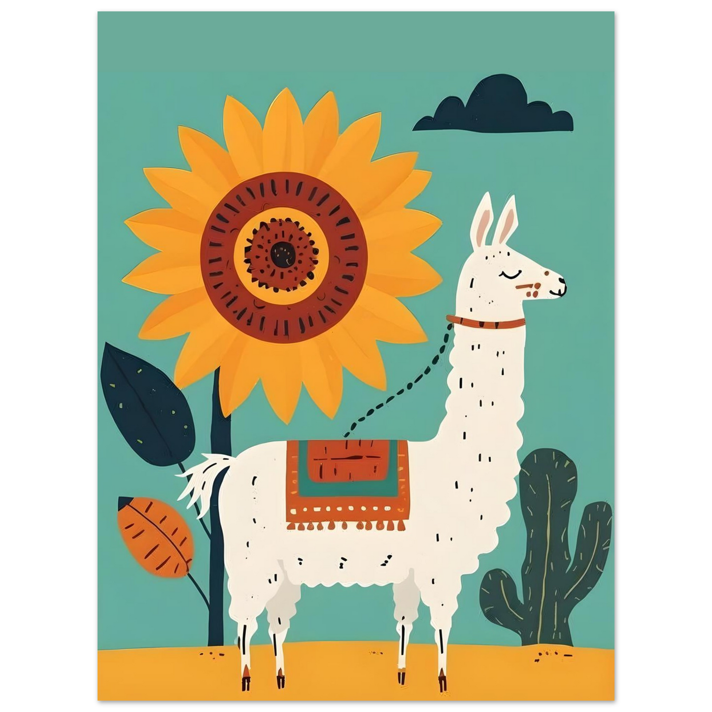 Illustration of a llama with a sunflower and cactus on a teal background