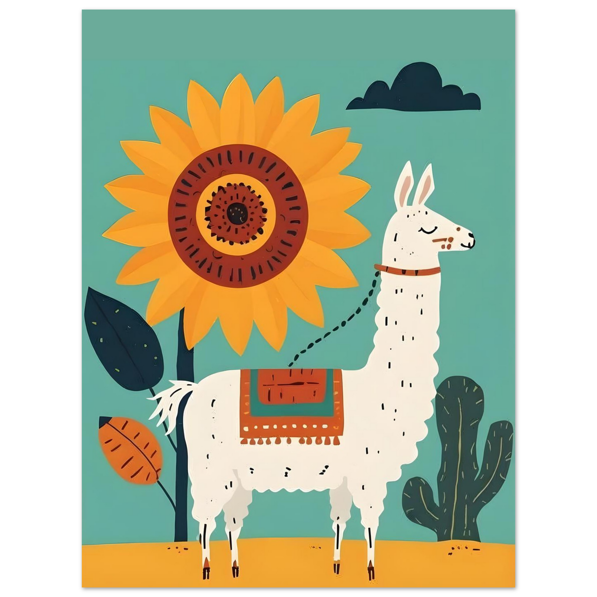 Illustration of a llama with a sunflower and cactus on a teal background