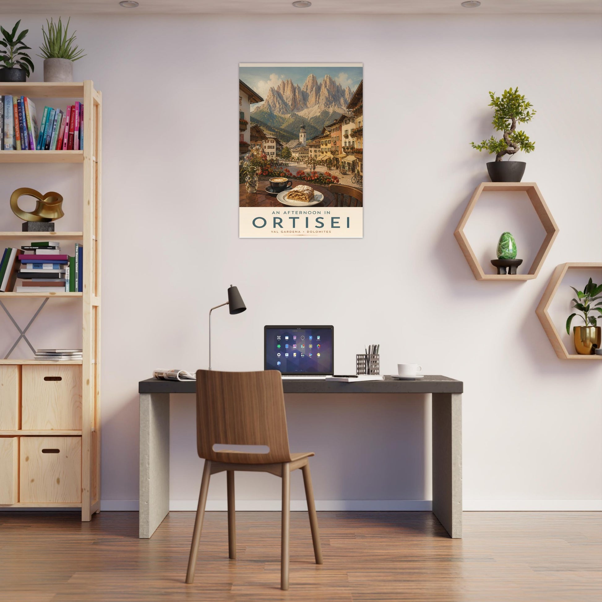 Ortisei travel poster above a desk with shelving, bringing the charm of northern Italy and the Dolomite Mountains into a workspace.