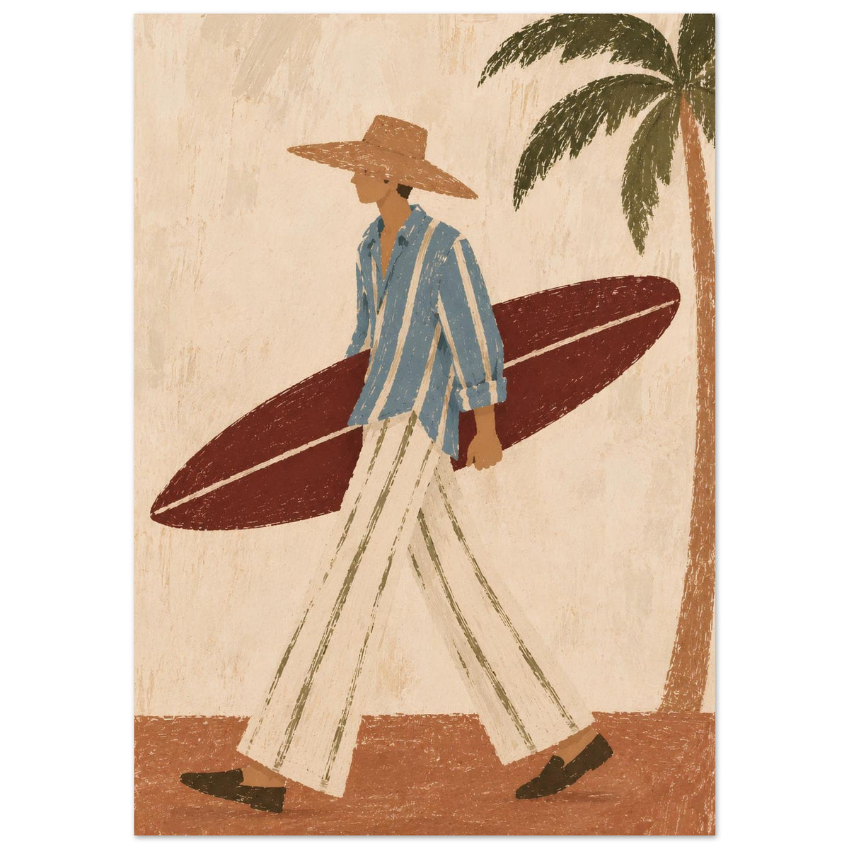 An illustration of a man in a wide-brimmed hat, blue striped shirt and cream trousers carrying a burgundy surfboard beside a palm tree.