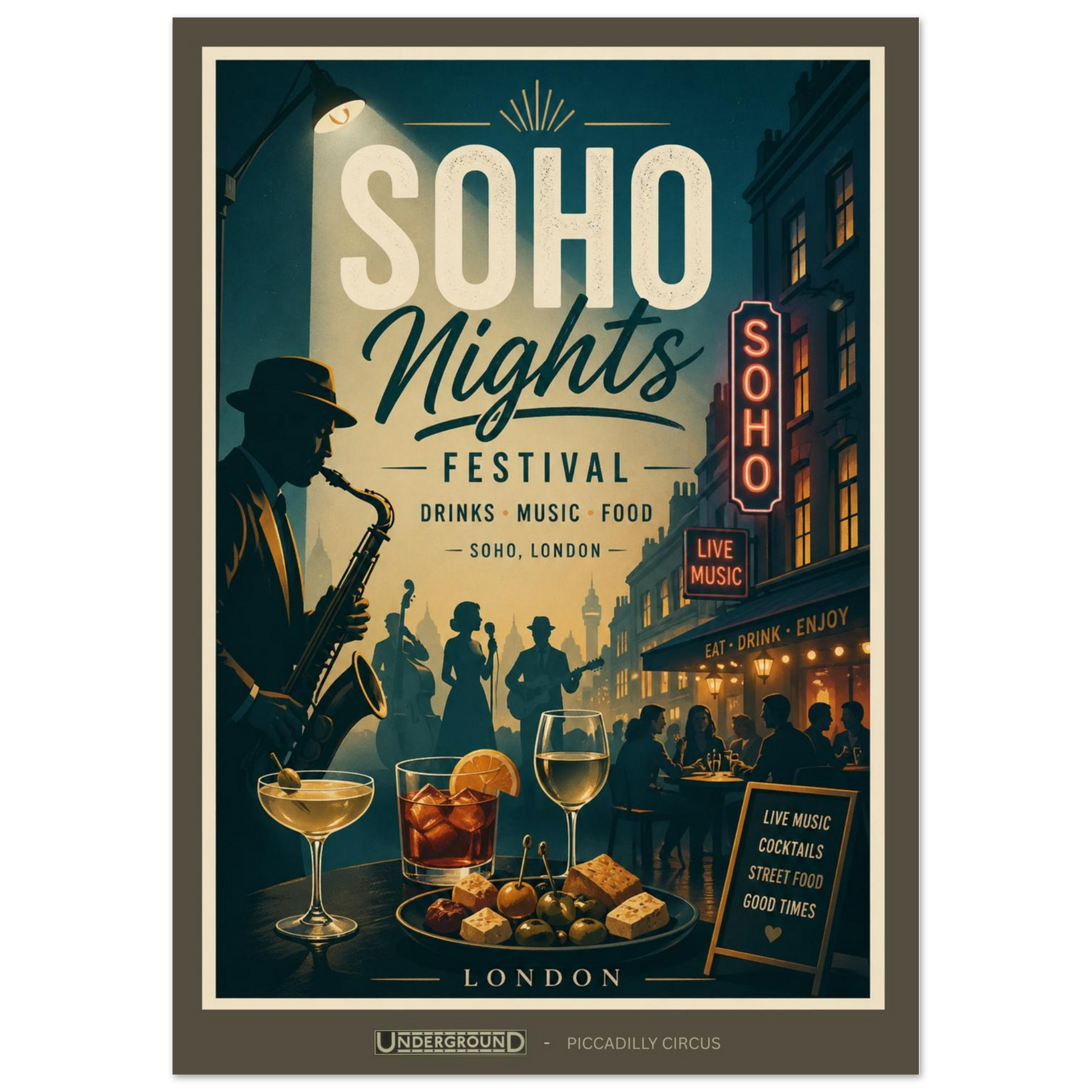 Poster for Soho Nights Festival with a saxophonist, drinks, and people in a city street setting.
