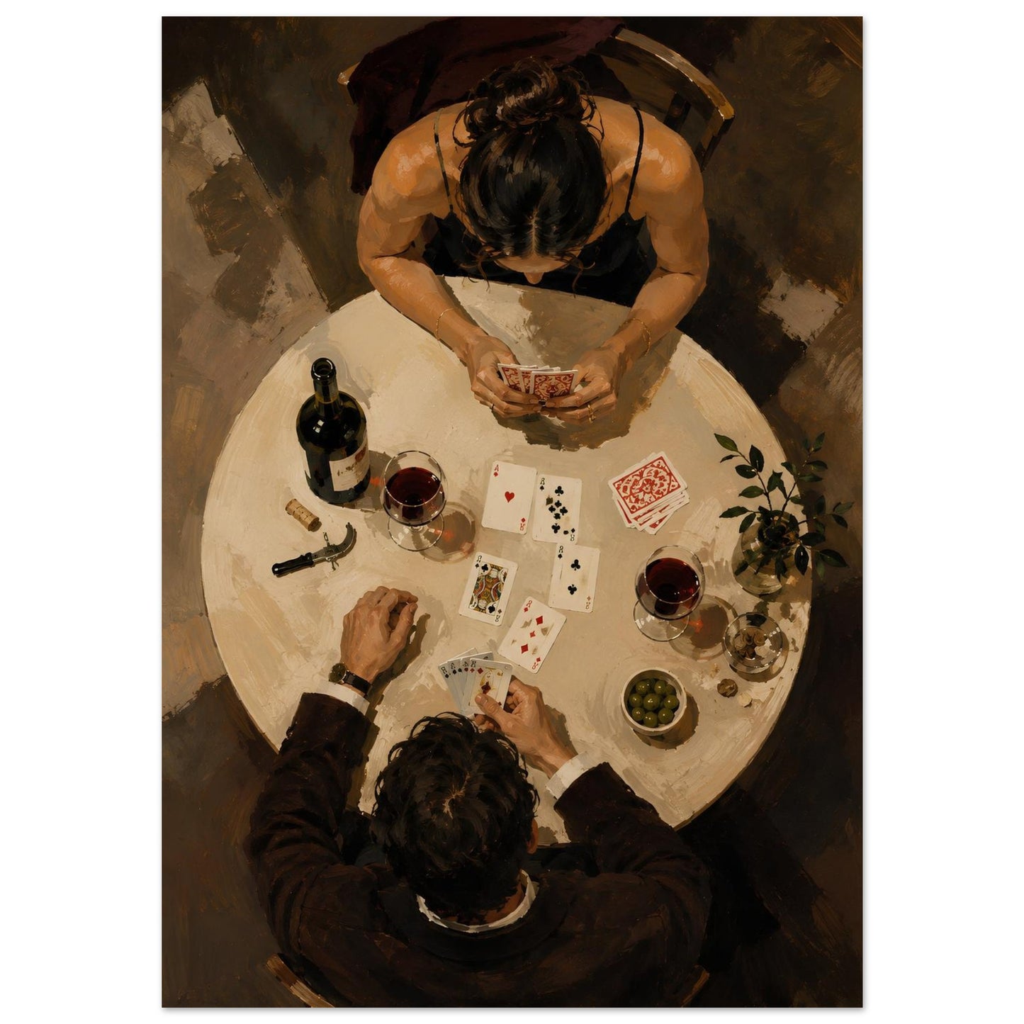 Bird's-eye couple playing cards art print featuring wine and warm brown and cream tones.