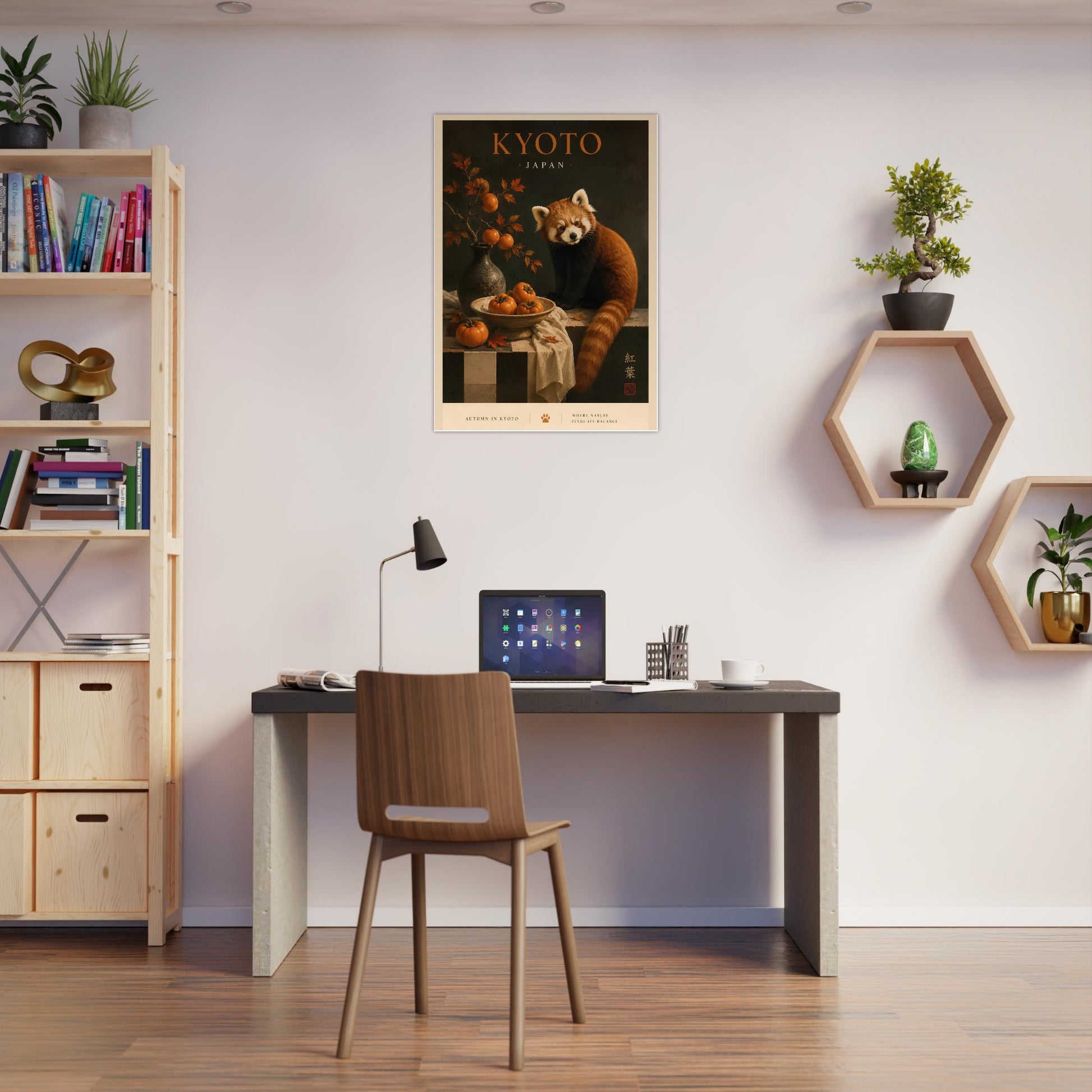 Modern home office with a desk, chair, and a Japanese autumn red panda wall art print