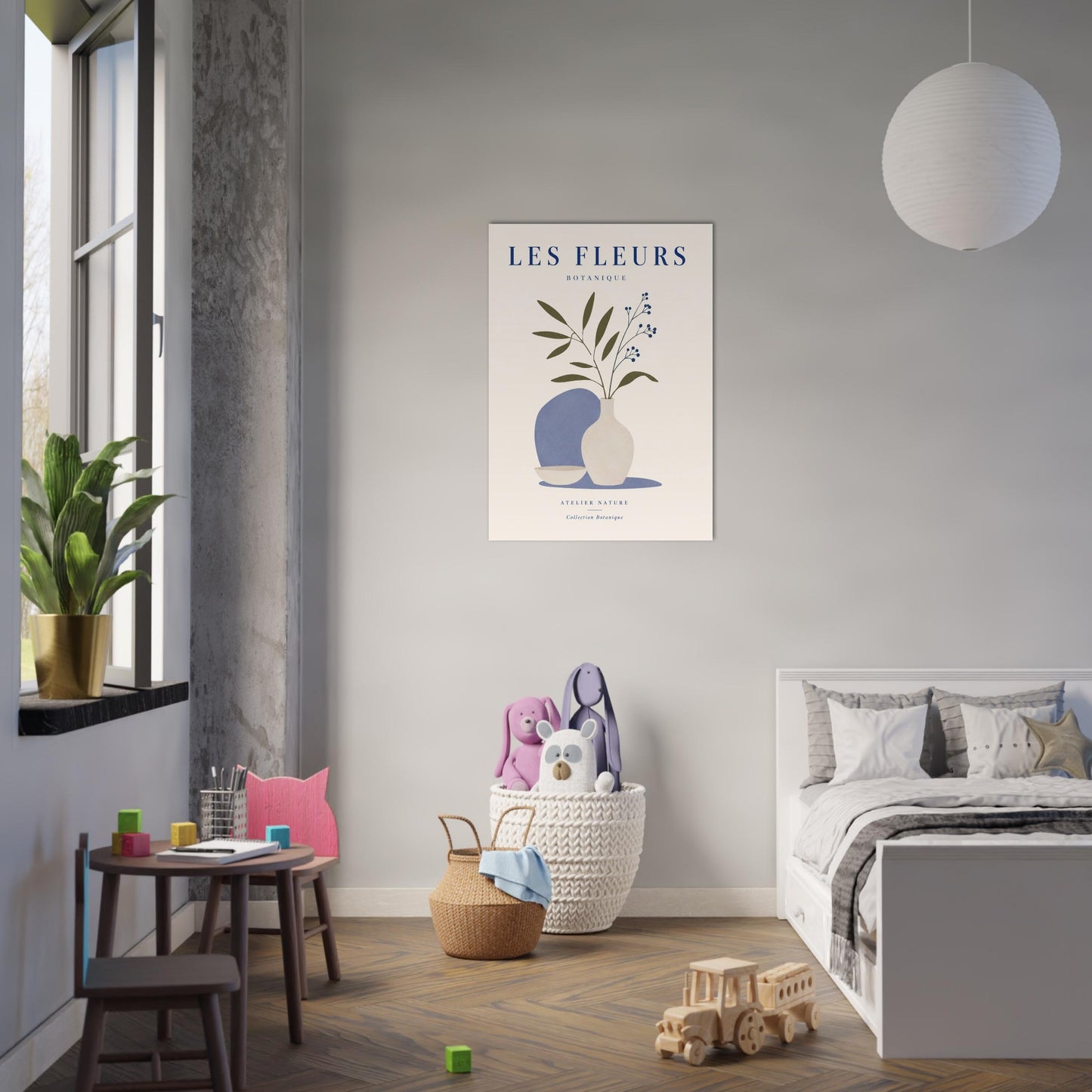Minimalist French botanical print with blue vase displayed above children’s play area in neutral home