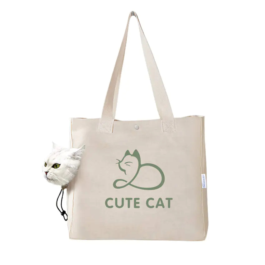 Beige tote bag with 'Cute Cat' design and a white cat peeking out.