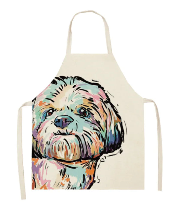 Apron with a colorful dog illustration on a white background