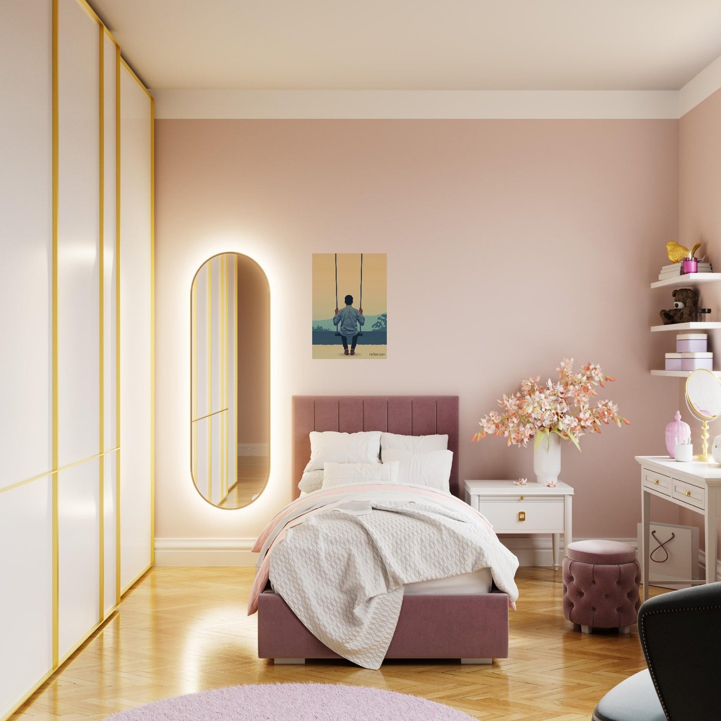 Reflection wall art poster hanging above bed in calm modern bedroom