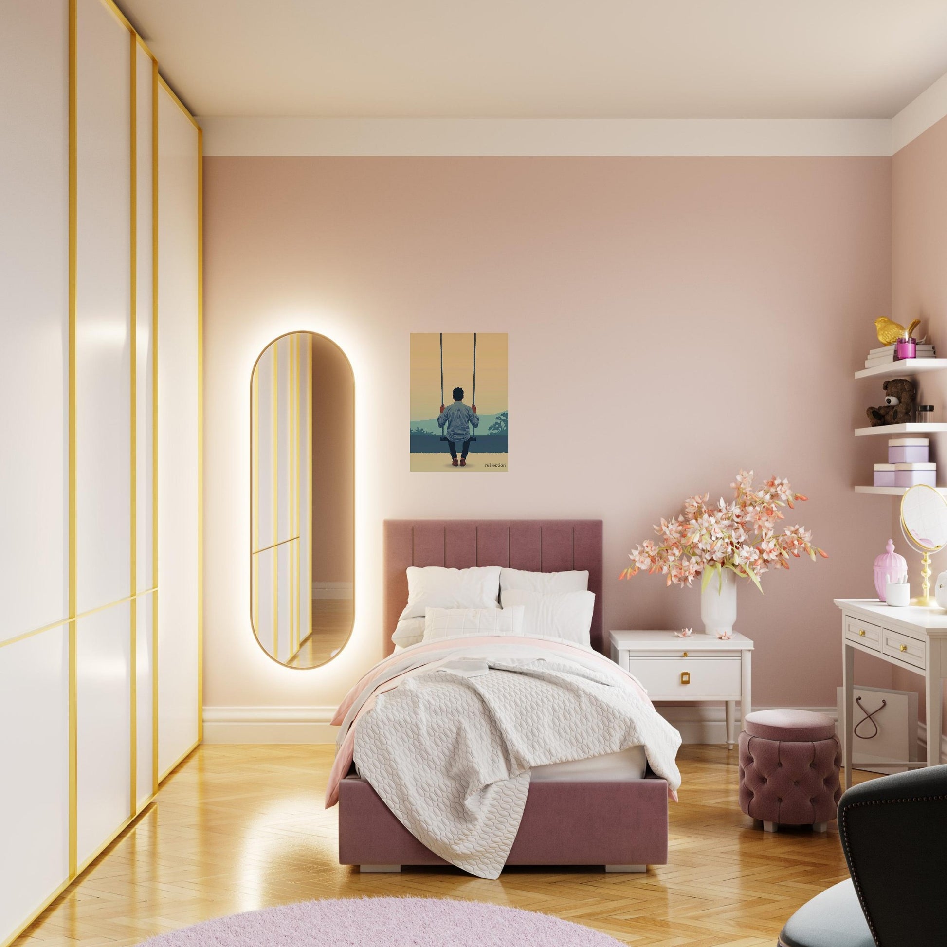 Reflection wall art poster hanging above bed in calm modern bedroom