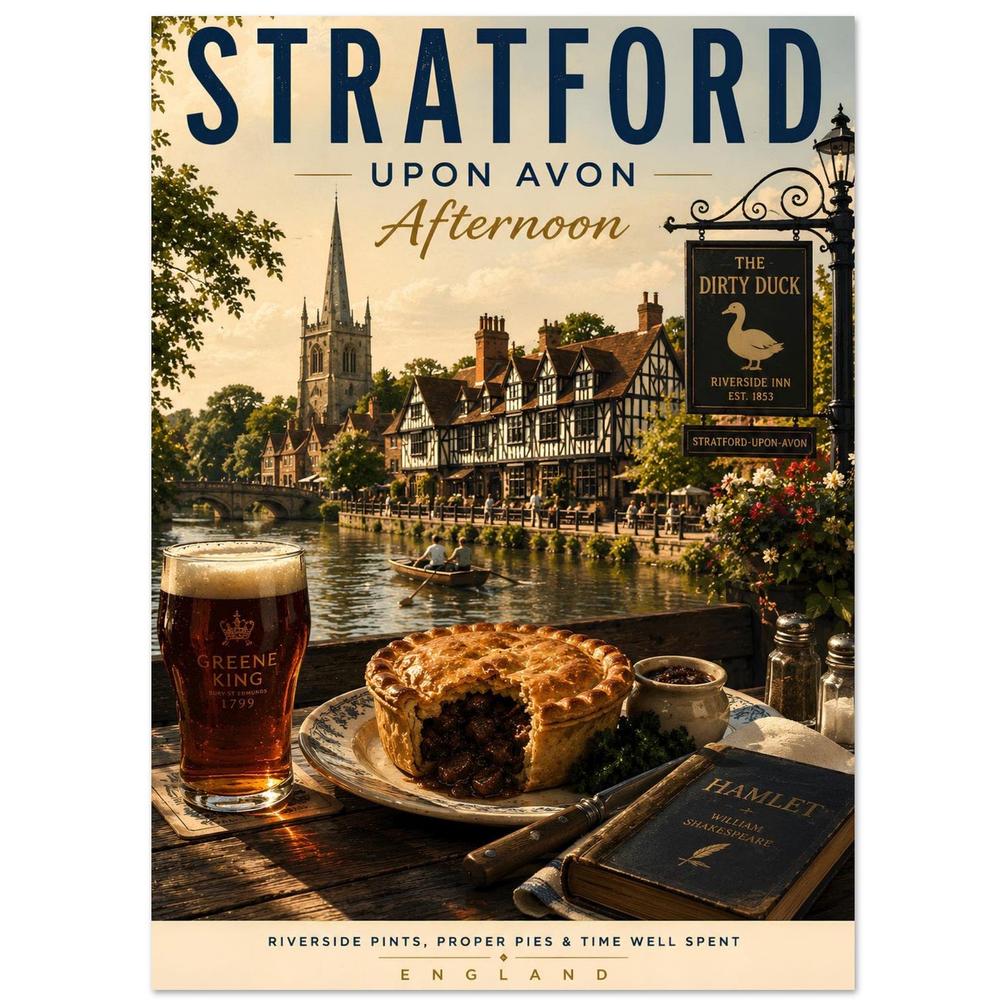 Stratford-upon-Avon Afternoon wall art print featuring the River Avon, traditional pub meal, local ale and Shakespeare-inspired details.