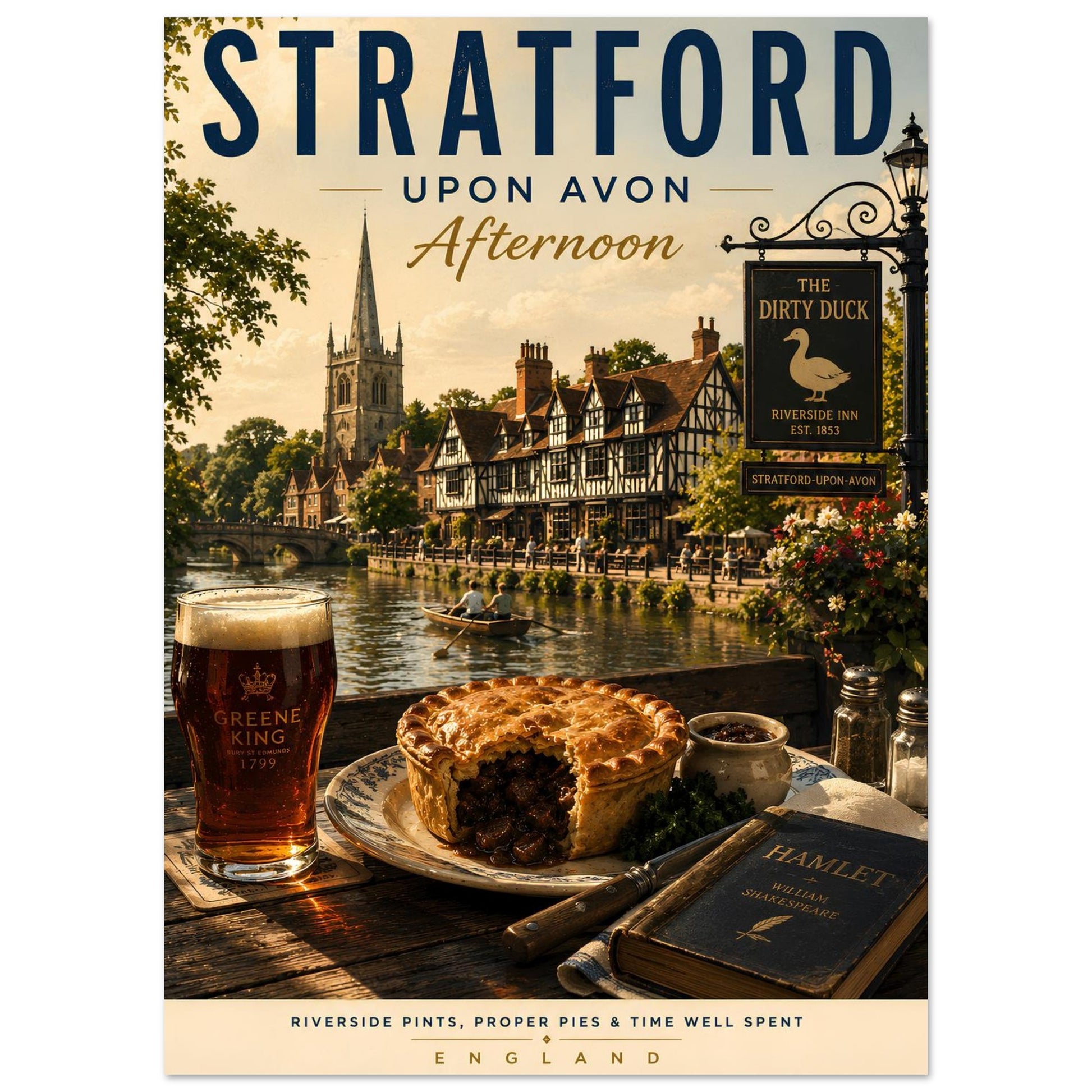 Stratford-upon-Avon Afternoon wall art print featuring the River Avon, traditional pub meal, local ale and Shakespeare-inspired details.