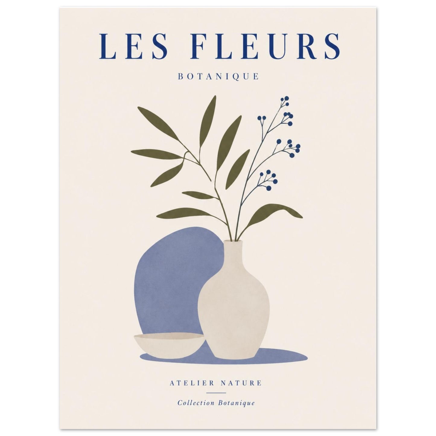 Close-up of Les Fleurs minimalist botanical print with blue vase and elegant floral stems
