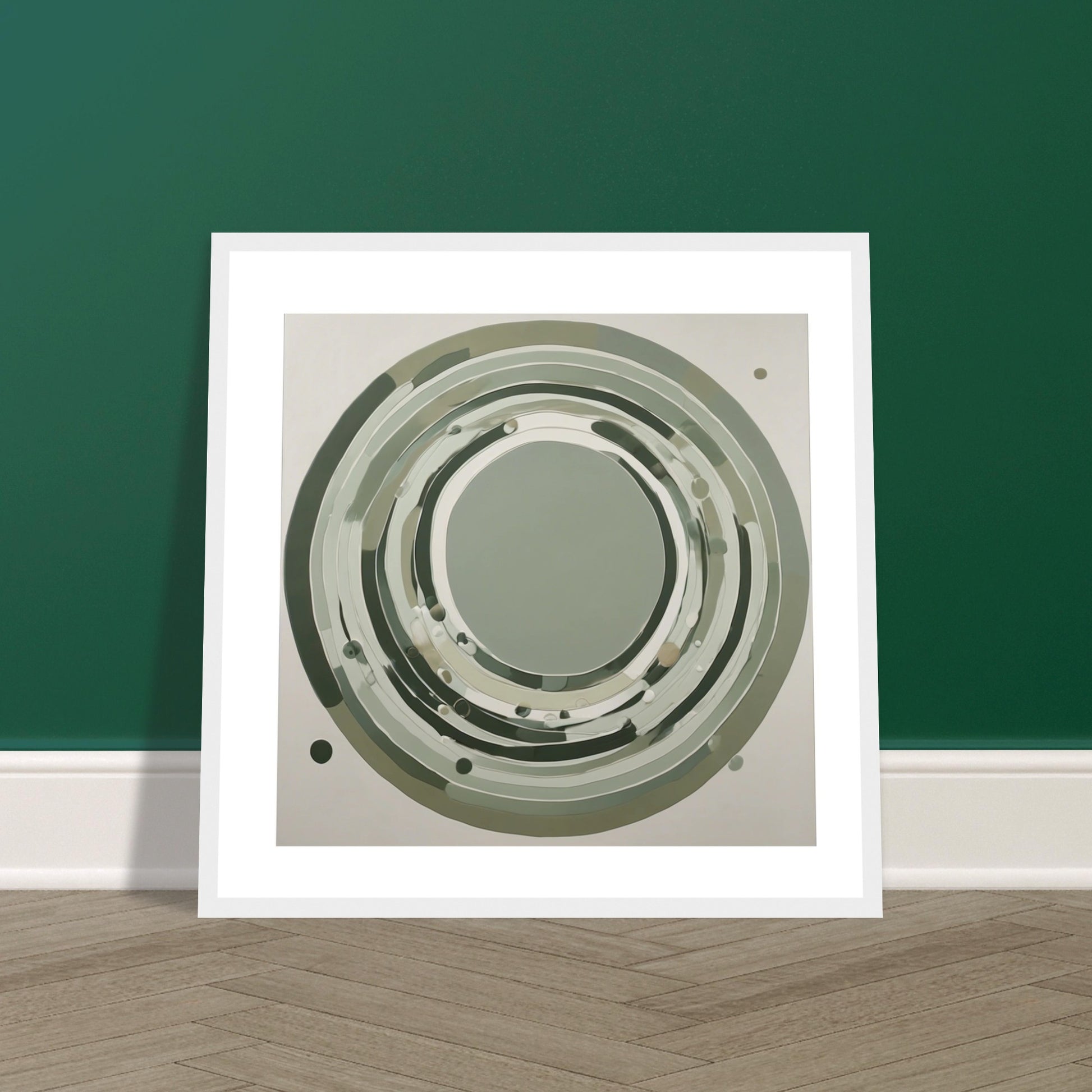 Framed sage green circular abstract wall art featuring minimalist modern design in neutral Scandinavian style