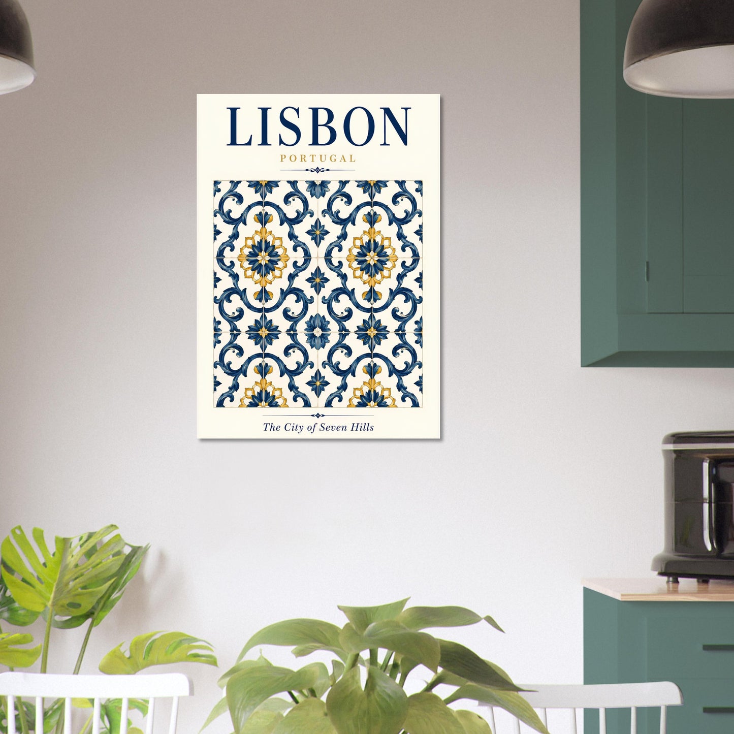 Lisbon azulejo tile poster displayed on a white wall in a bright modern interior with green plants.