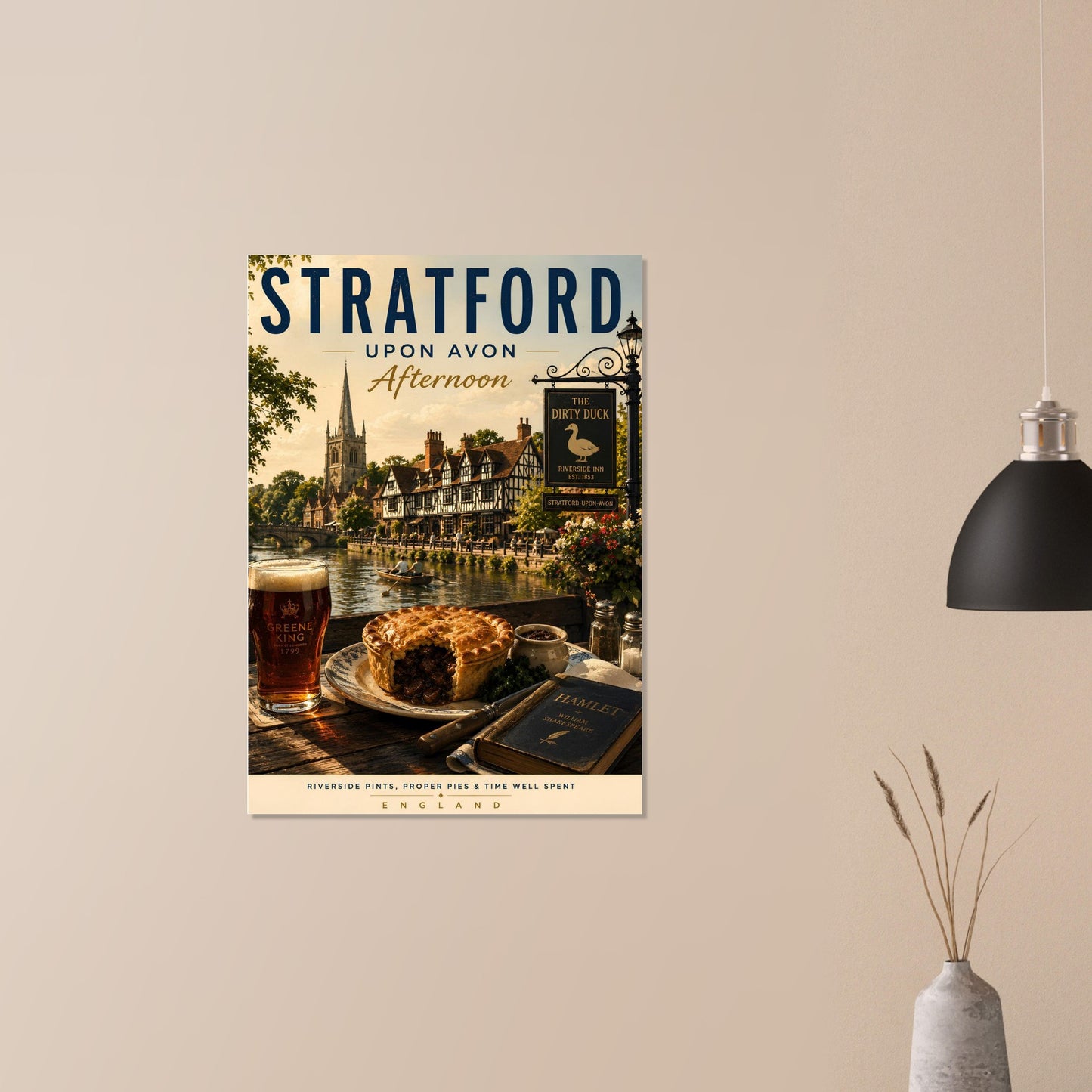 Poster of Stratford-upon-Avon with a pie and pint on a beige wall.