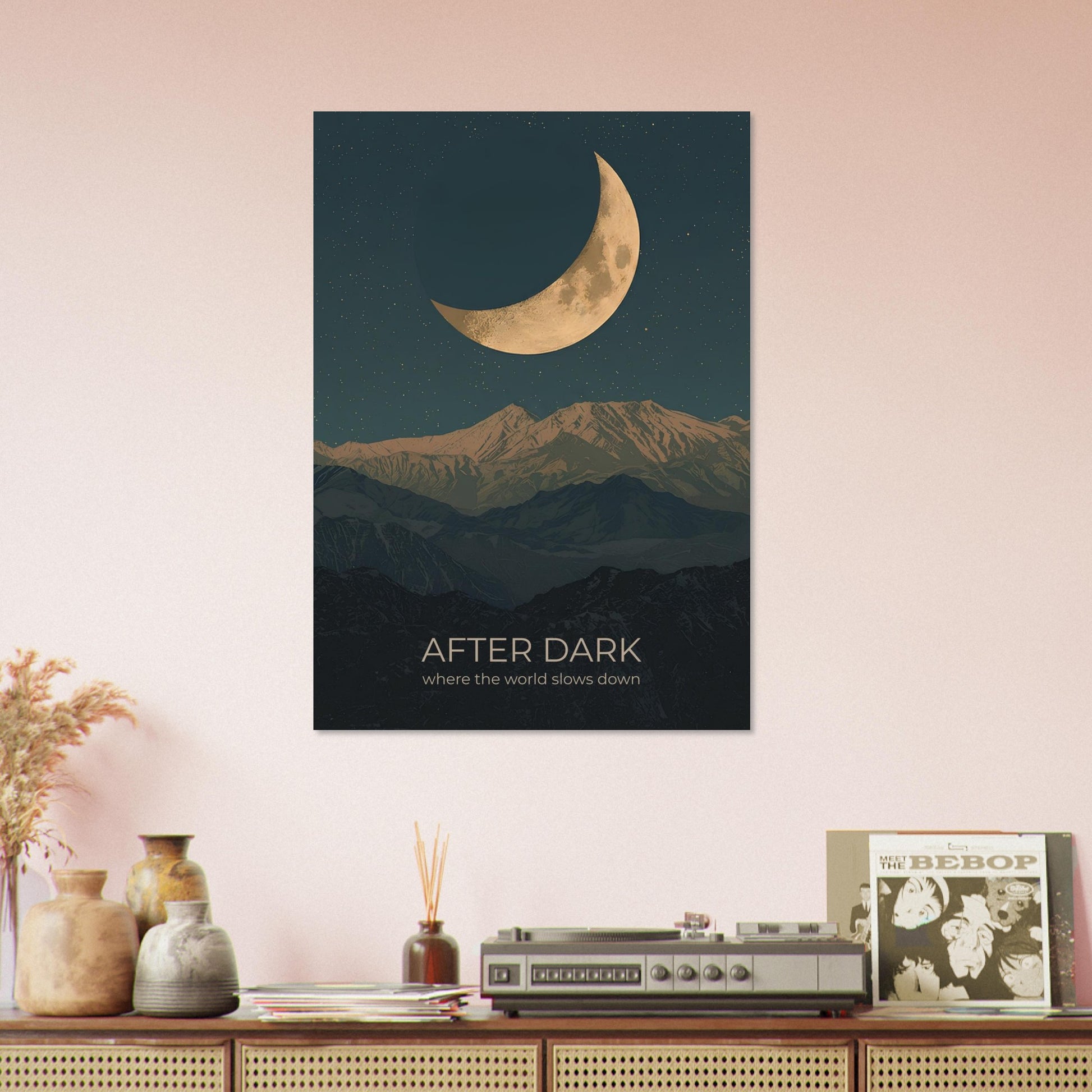 After Dark wall art displayed above a shelf arrangement, bringing a calm celestial atmosphere to a contemporary living space.