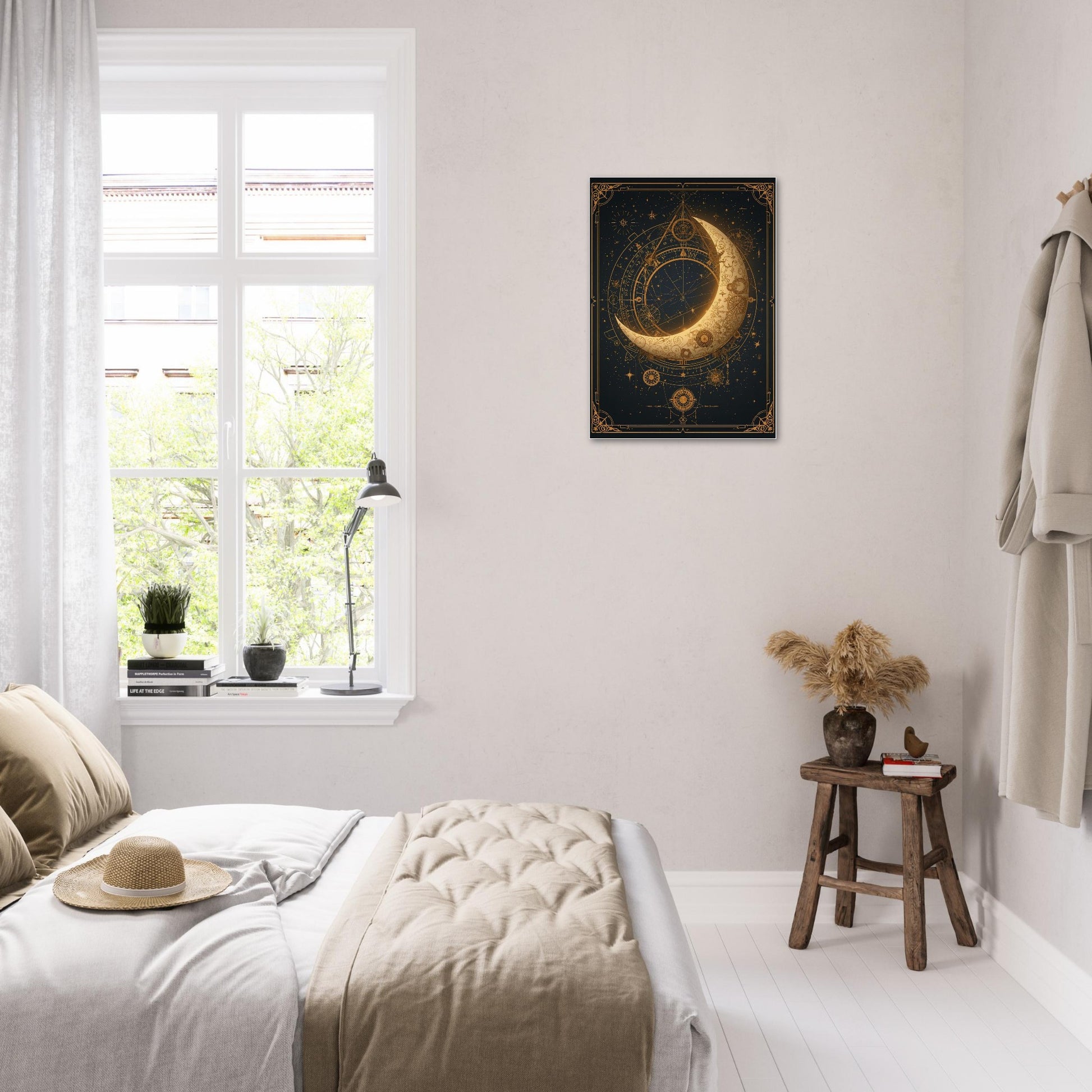 Decorative poster of a celestial design on a wall in a bedroom.