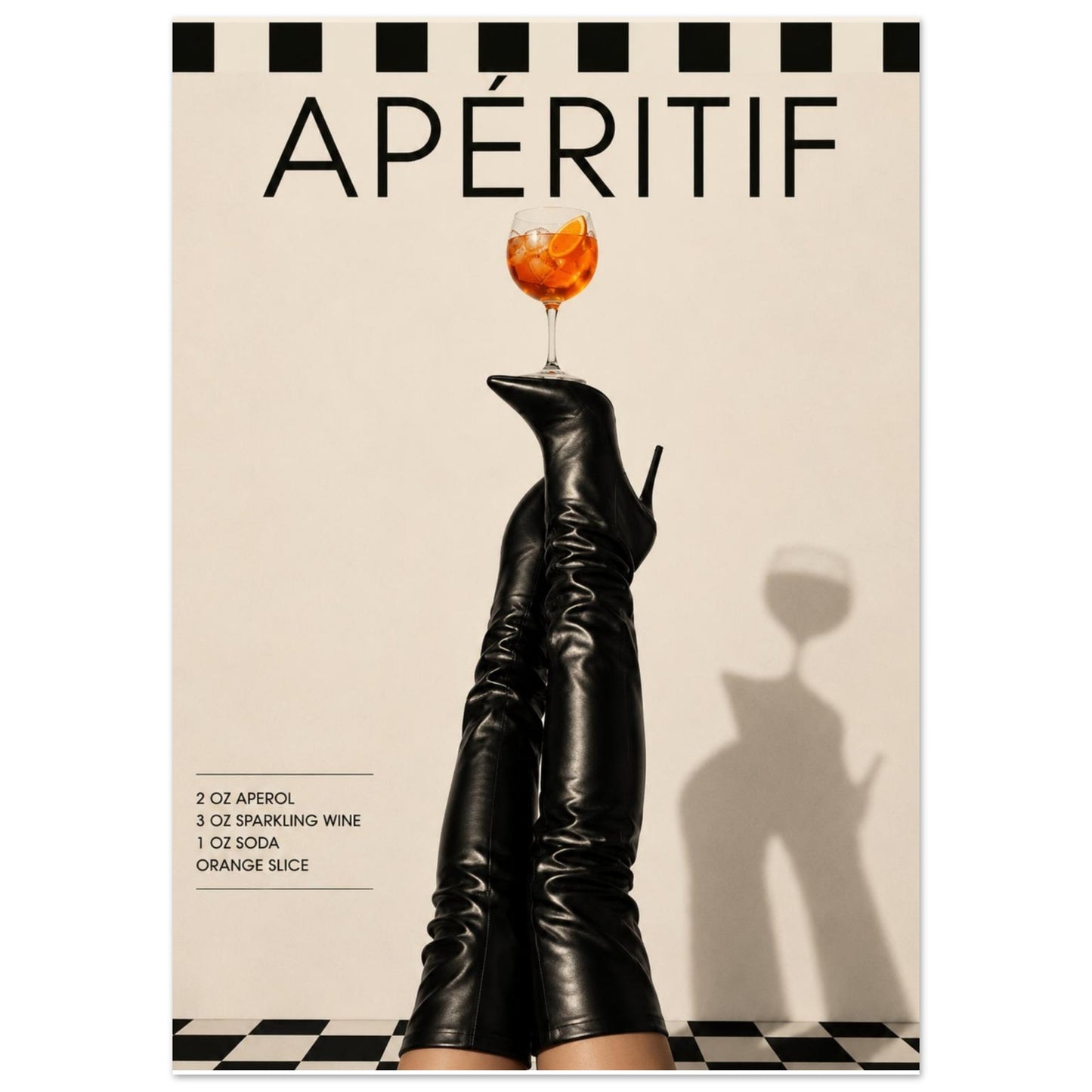 Close-up of aperitif fashion art print featuring black thigh high boots balancing orange cocktail glass