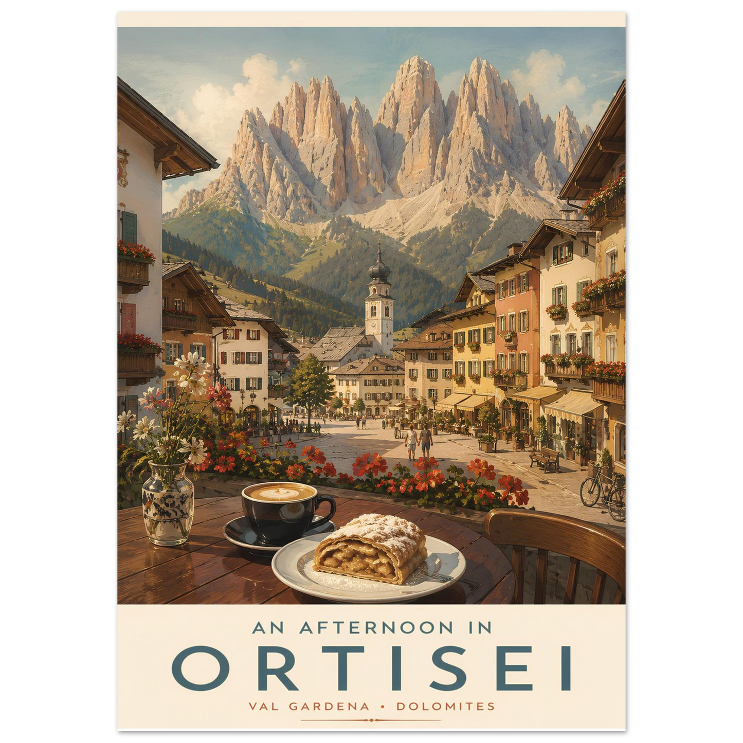 Close-up of the Ortisei travel poster featuring flower-filled alpine streets, café culture and the dramatic peaks of the Dolomites in northern Italy