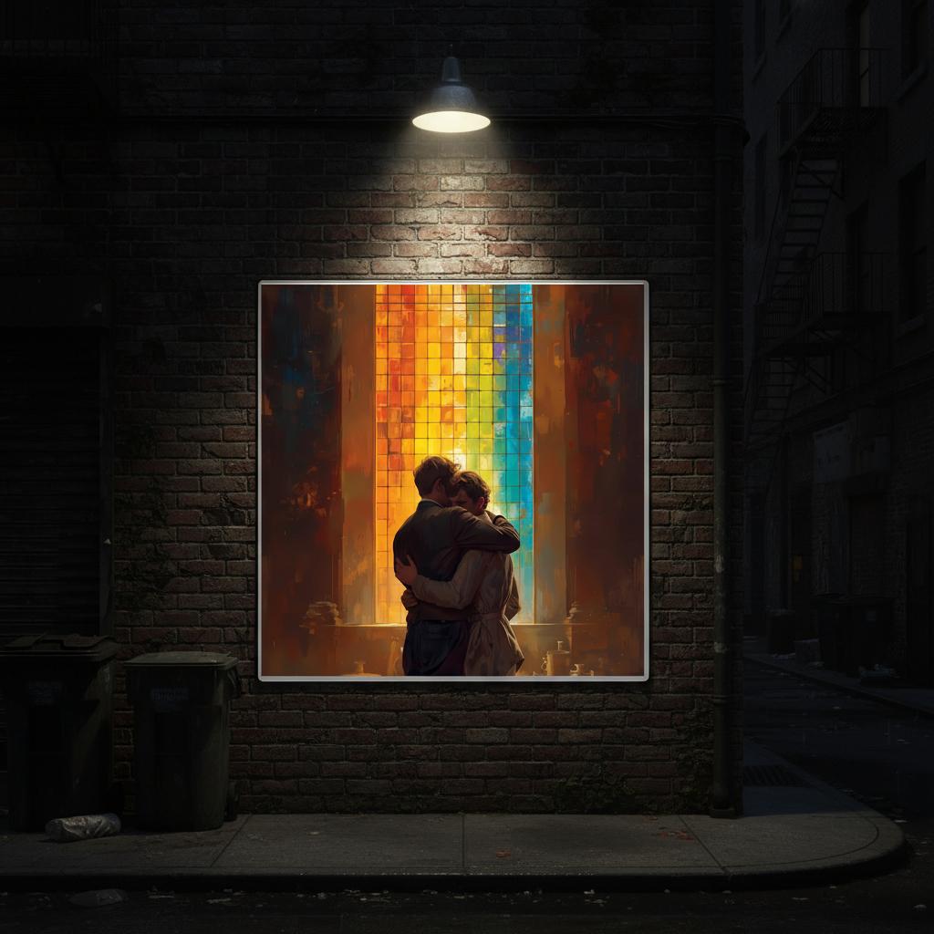 Framed artwork of a couple embracing in front of a colorful stained glass window on a brick wall.