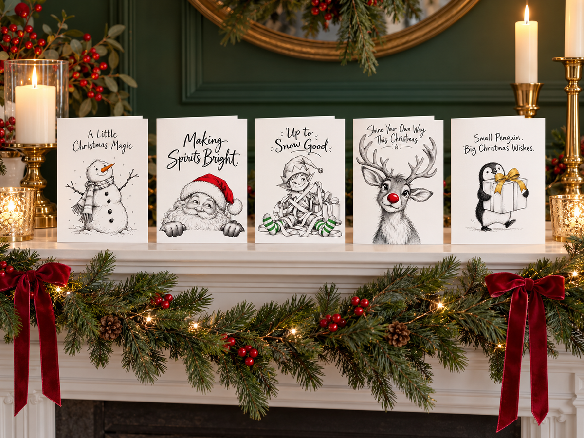 Five Christmas greeting cards are displayed side-by-side on a decorated white fireplace mantel with green garlands, red bows, candles, and pinecones. The cards feature black and white line drawings with festive text: 'A Little Christmas Magic', 'Making Spirits Bright', 'Up To Snow Good', 'Show Your One Way This Christmas', and 'Small Penguin Big Christmas Wishes'.