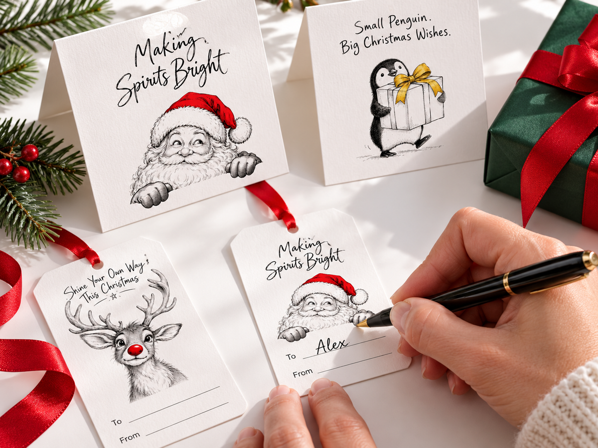 A close-up of a hand writing on a personalized Christmas gift tag with a black pen. The set includes multiple white card and tag designs with black line art illustrations of Santa, a penguin, a reindeer, and a snowy owl, each with a red ribbon.