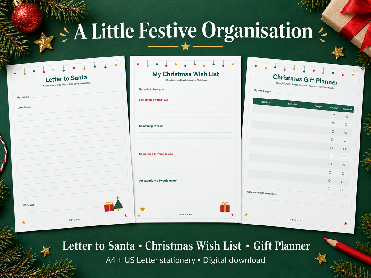 Three printable holiday stationery sheets shown on a dark green festive background: a Letter to Santa page, a Christmas Wish List page, and a Christmas Gift Planner page. The image includes decorative pine branches, ornaments, stars, and a wrapped gift, with text reading 'A Little Festive Organisation' and 'Letter to Santa • Christmas Wish List • Gift Planner' plus 'A4 + US letter stationery • Digital download'.