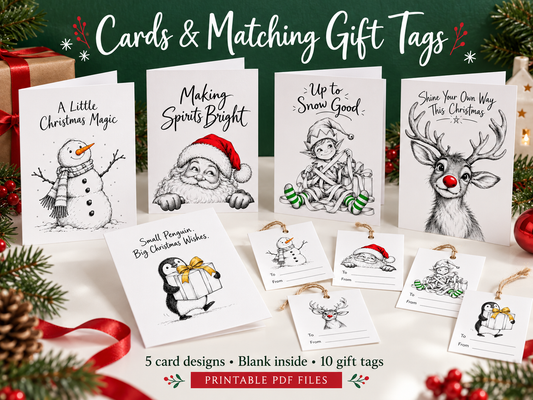 A promotional collage for printable Christmas cards and matching gift tags. The image shows several white card designs with holiday illustrations and text, including a snowman, Santa, a child in snow gear, a reindeer with a red nose, a penguin, and a small penguin wishing card.