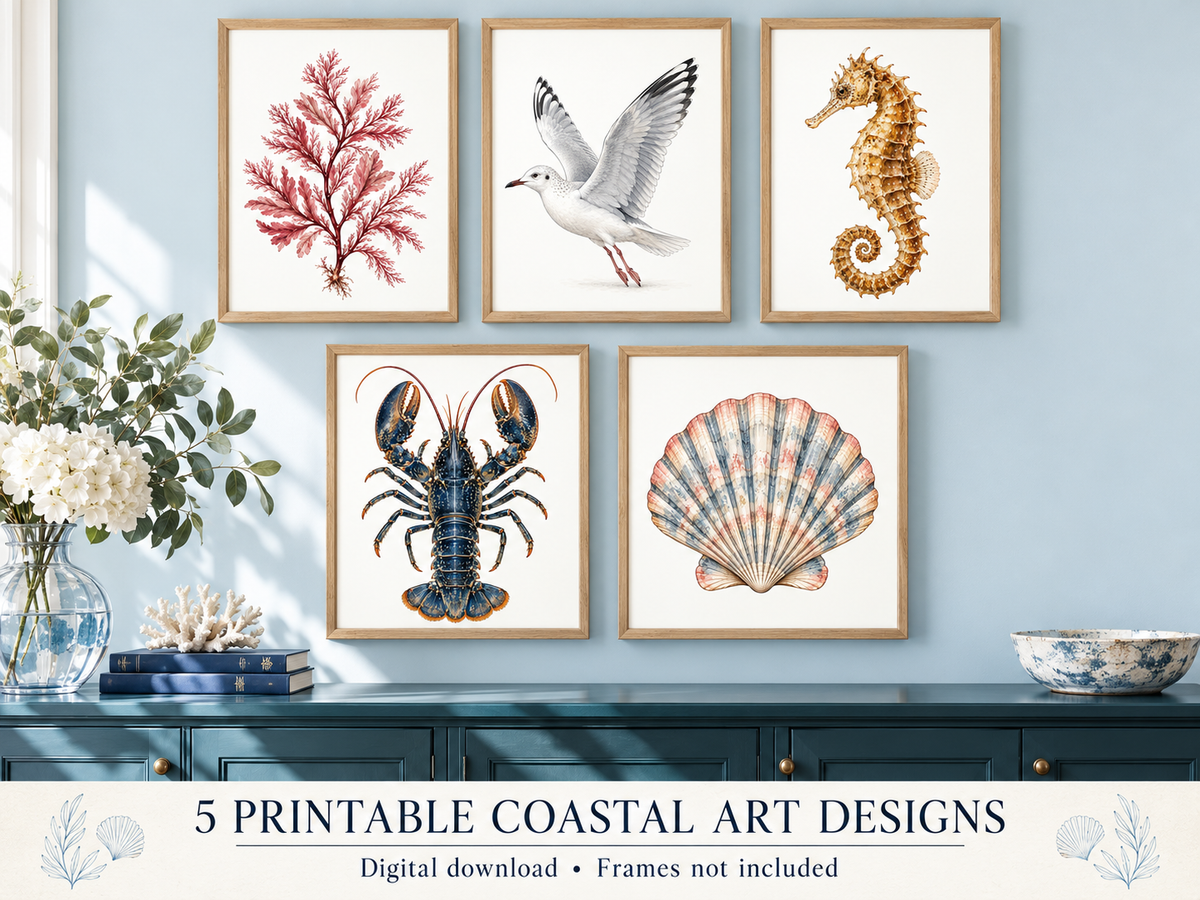A styled interior scene showing five framed coastal art prints mounted on a light blue wall above a dark teal console table. The prints depict a red coral reef, a white seagull, a golden seahorse, a blue lobster, and a pink-and-blue scallop shell.