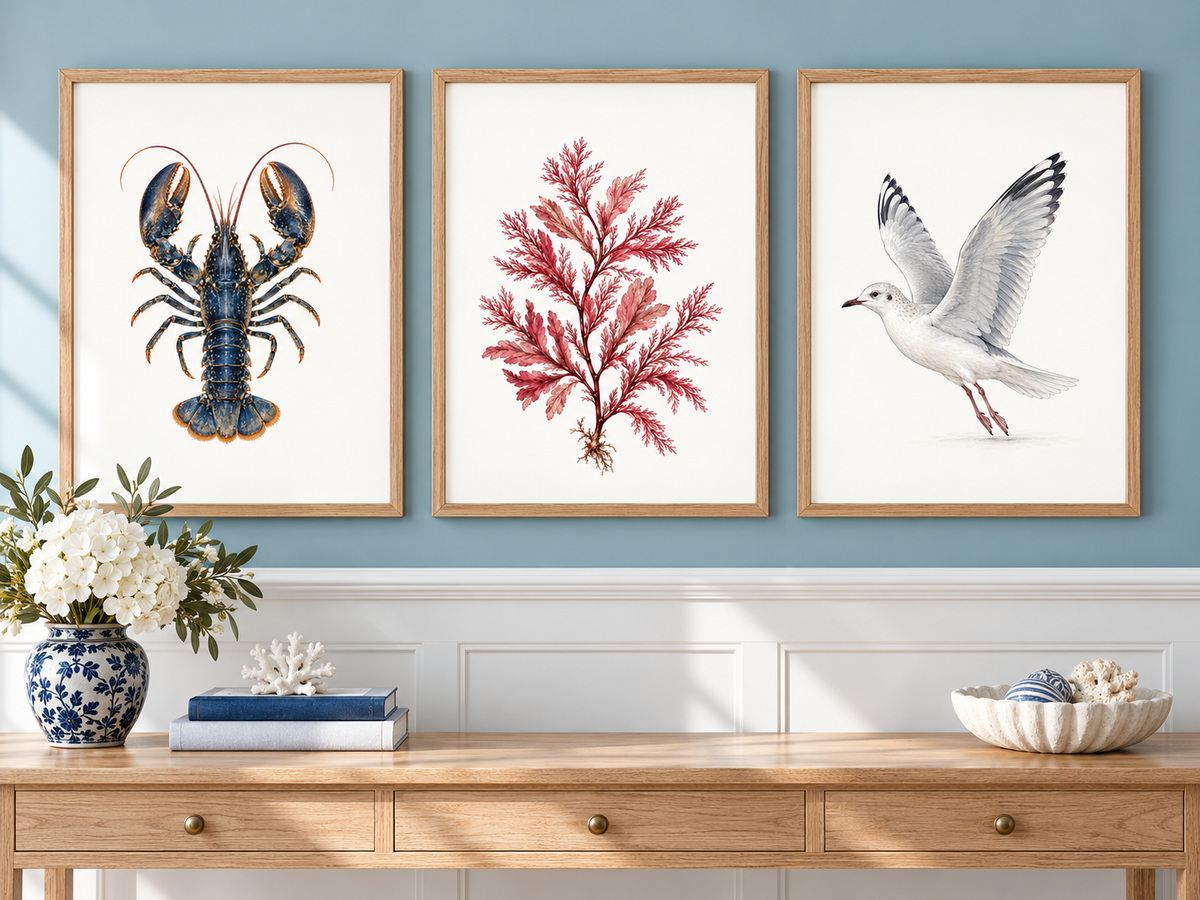Three framed art prints featuring a lobster, red seaweed, and a seagull, displayed on a light blue wall above a wooden console table with decorative items.