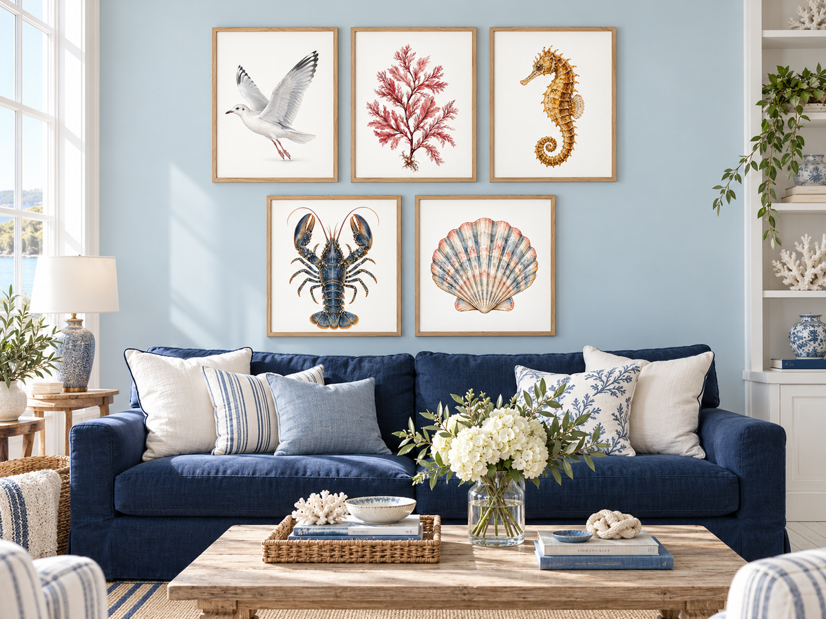 A styled living room with a navy blue sofa, white and blue pillows, a wooden coffee table, and a light blue wall decorated with five framed nautical art prints featuring a seagull, coral, seahorse, lobster, and scallop shell.