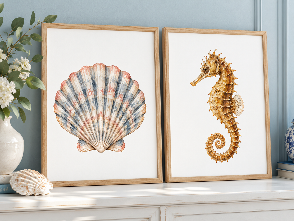 Two framed art prints leaning against a light blue wall on a white console table. The left print shows a scallop shell in muted blue, gray, and coral tones, and the right print shows a seahorse in warm tan and brown tones.