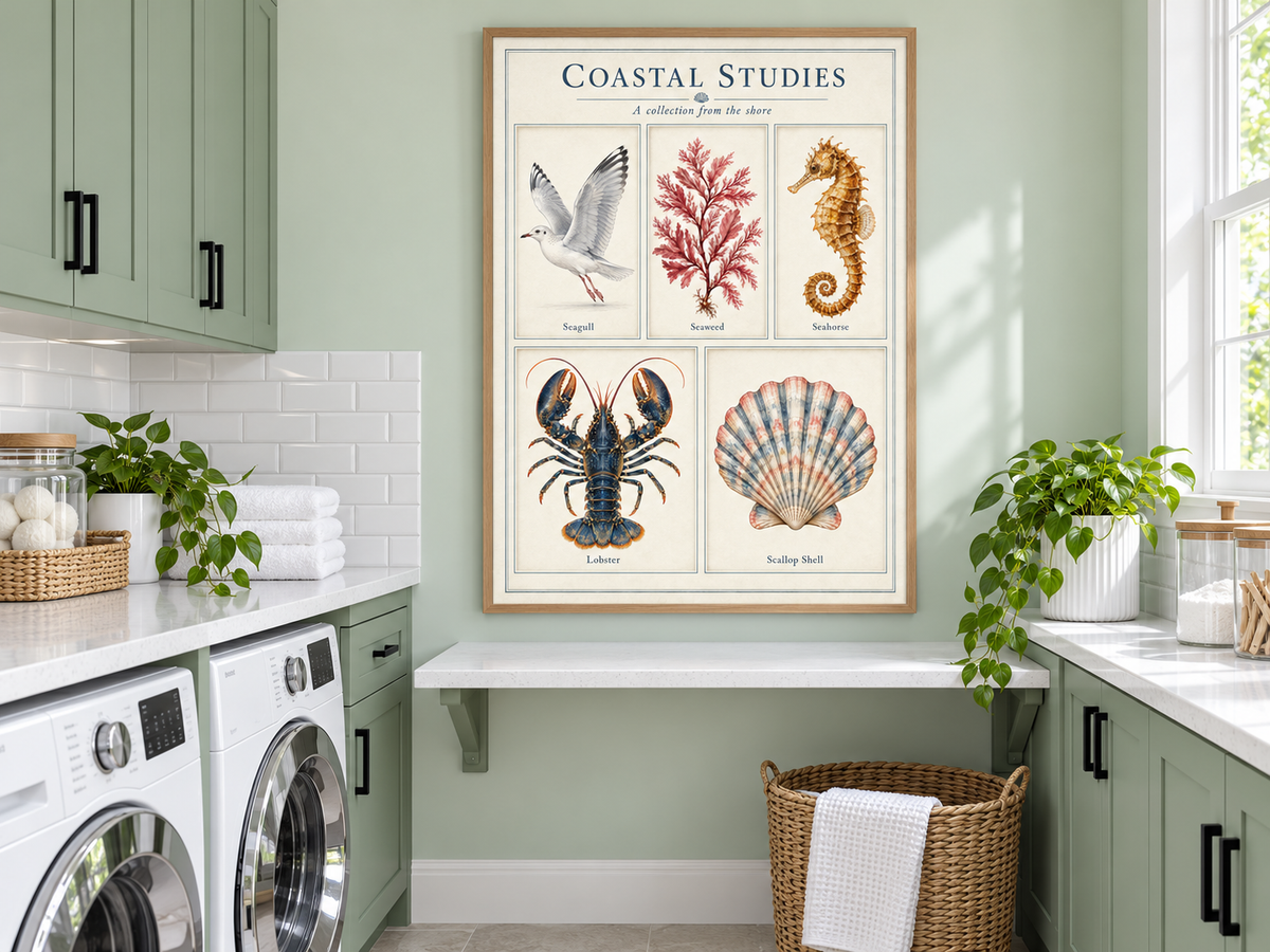 A framed vintage-style coastal illustration poster hangs on a mint green wall in a modern laundry room. The poster, titled 'Coastal Studies', features illustrations of a seagull, red coral, a seahorse, a lobster, and a scallop shell.