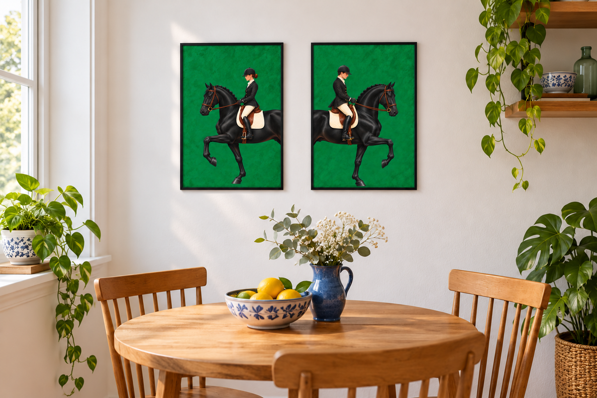 Two framed art prints featuring a black horse with a rider against a green background, displayed on a white wall above a wooden dining table in a bright, modern room with plants.