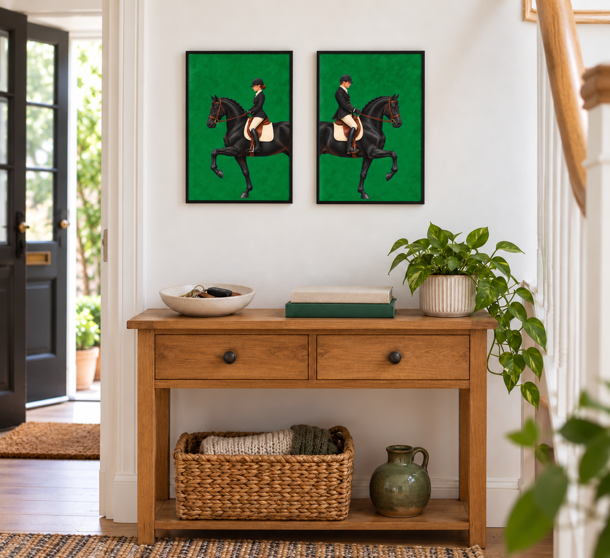 Two framed vertical canvas prints featuring a black horse with a rider against a bright green background, displayed side-by-side on a white wall above a wooden console table in a styled home entryway.