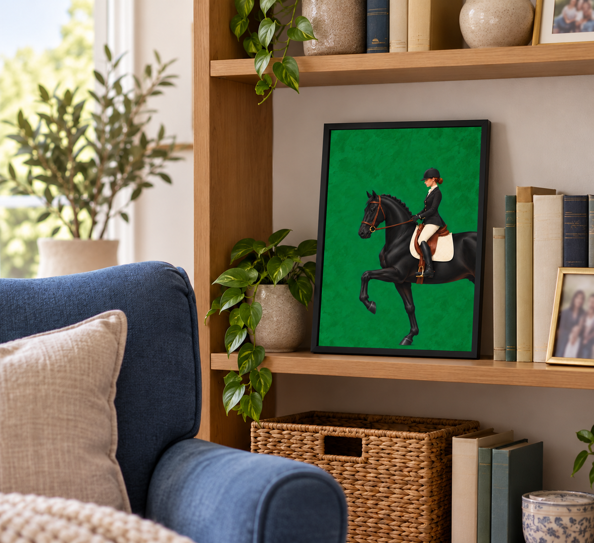 A framed art print featuring a black horse with a rider on a bright green background, styled on a wooden bookshelf next to a blue armchair and potted plants.