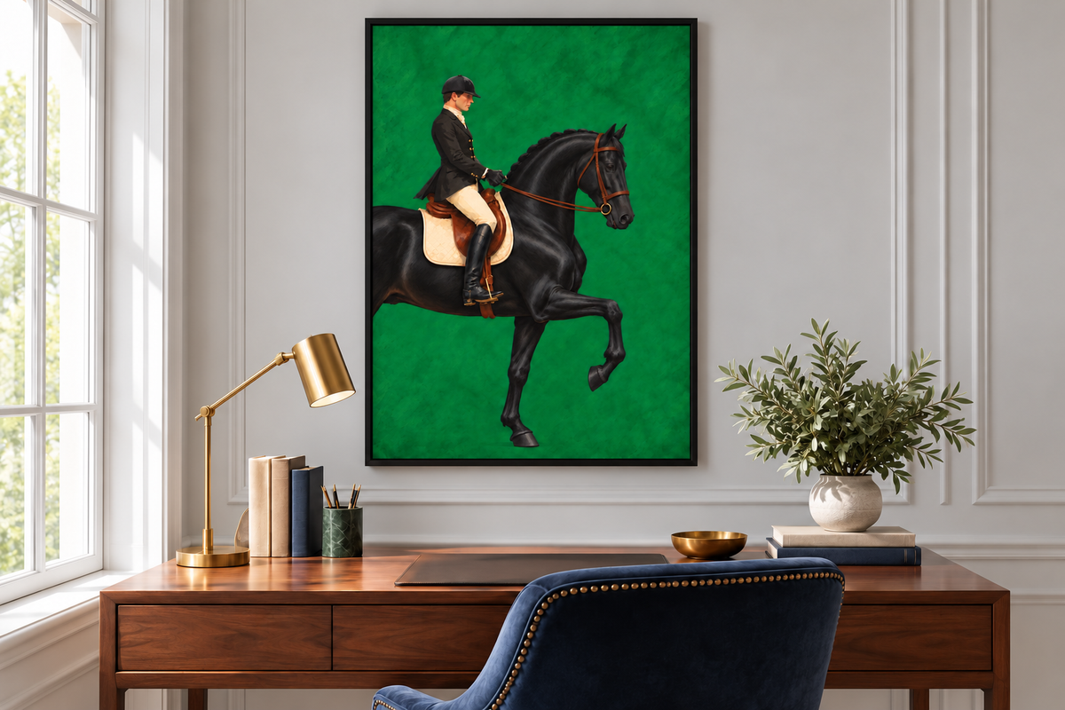 A framed art print depicting a black horse with a rider in equestrian attire, mounted on a vibrant green background. The print is displayed on a white paneled wall above a wooden desk with a gold desk lamp, books, and a blue chair.