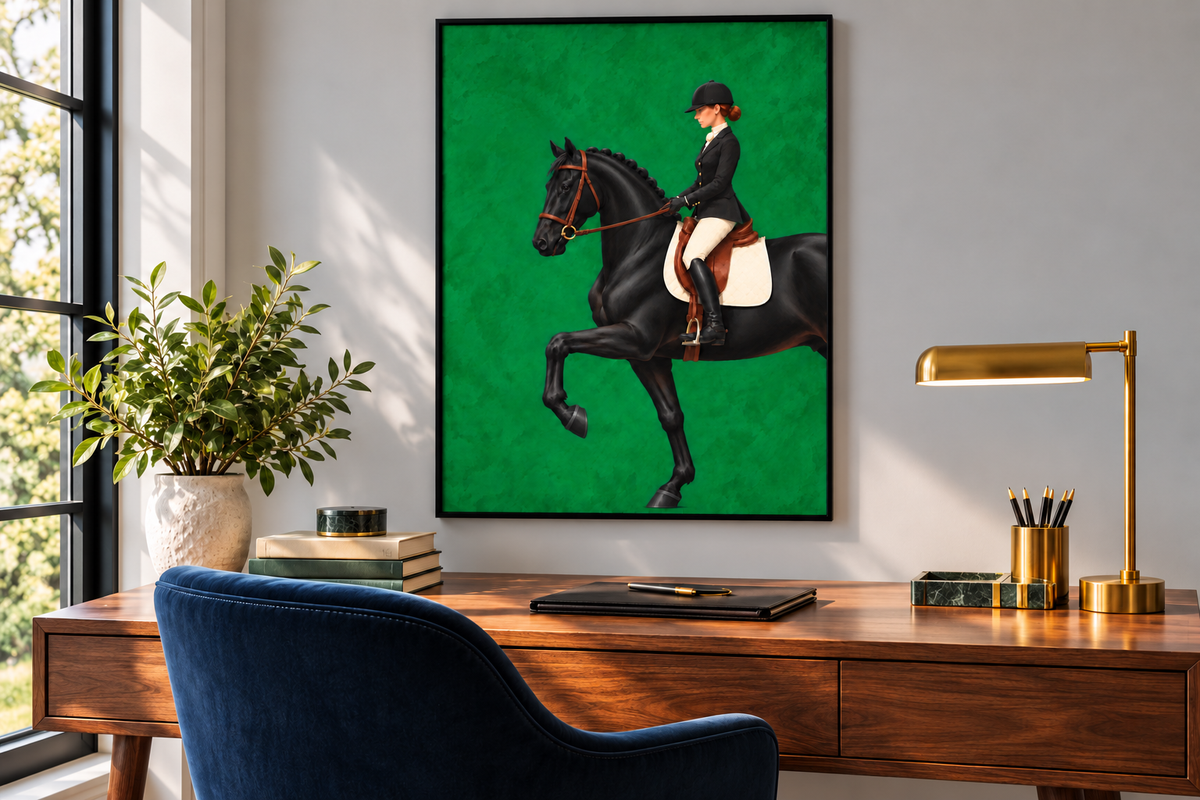 A framed art print featuring a black horse with a rider on a vibrant green background, displayed on a gray wall above a wooden desk with a blue chair, lamp, and plant.