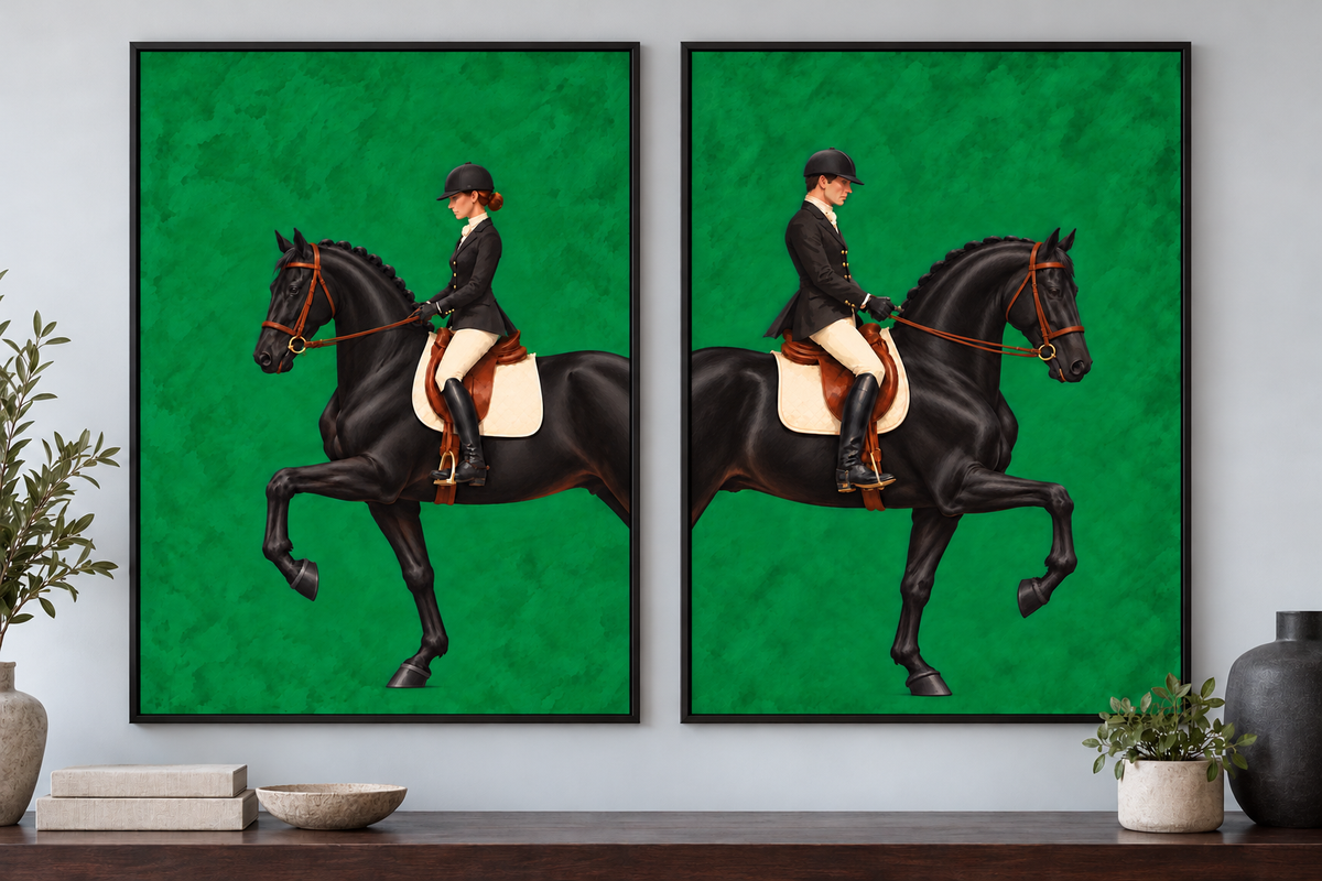 Two framed vertical wall art prints hang side by side on a light gray wall above a dark wooden shelf. Each print shows a rider on a black horse against a bright green background.