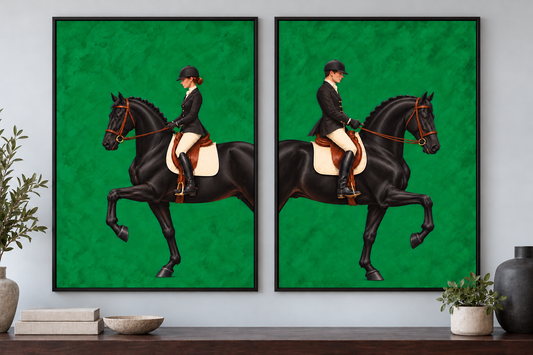 Two framed vertical wall art prints hang side by side on a light gray wall above a dark wooden shelf. Each print shows a rider on a black horse against a bright green background.