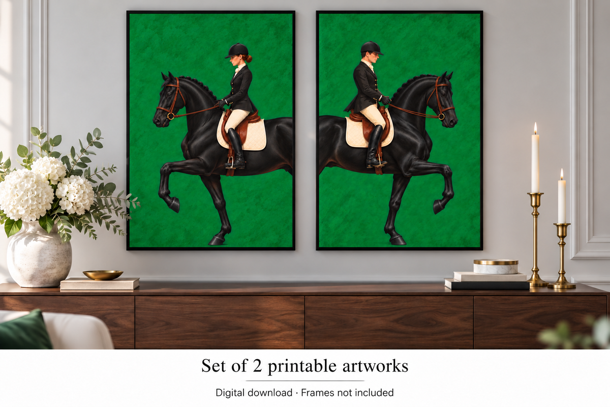 A set of two framed art prints showing a black horse with a rider in equestrian attire against a green background, displayed on a wall above a wooden console table with flowers and candles. Text at the bottom reads 'Set of 2 printable artworks' and 'Digital download - Frames not included'.
