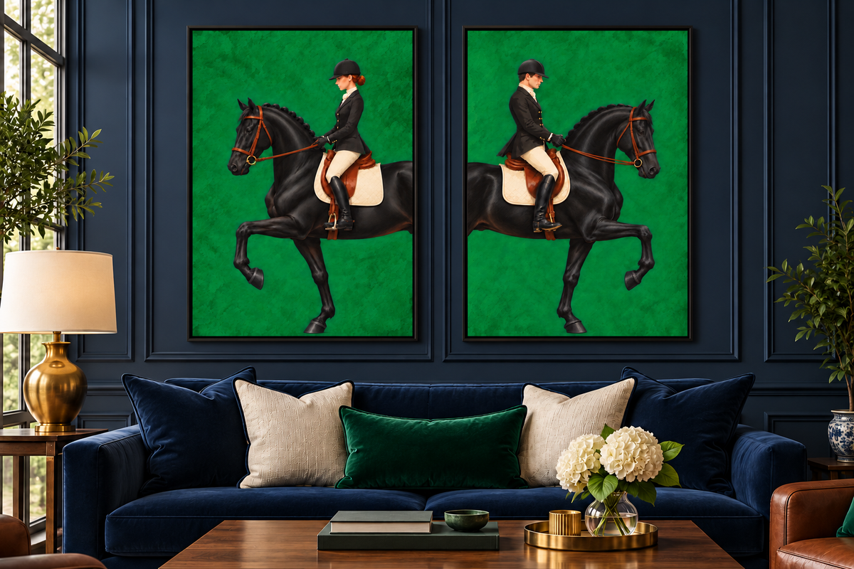 Two framed vertical art prints depicting a black horse with a rider against a bright green background, displayed side-by-side on a dark navy blue paneled wall above a blue velvet sofa in a styled living room.