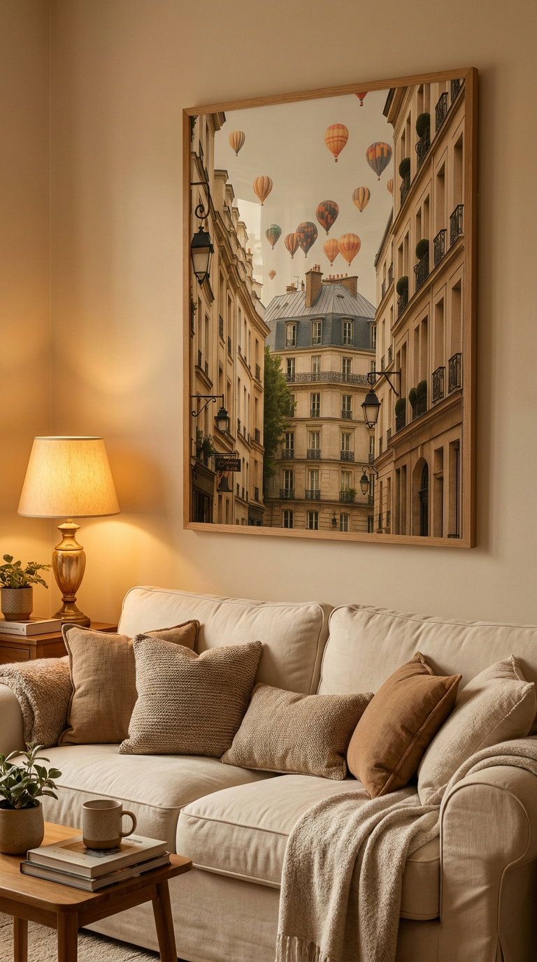 Montmartre Paris poster with hot air balloons displayed in cosy neutral home interior