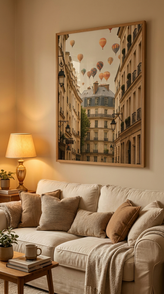 Montmartre Paris poster with hot air balloons displayed in cosy neutral home interior