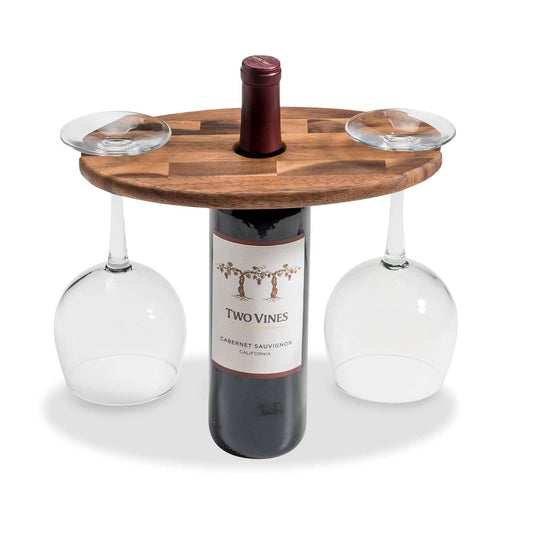 Acacia wood wine glass caddy on wine bottle holding two glasses – minimalist tabletop bar accessory
