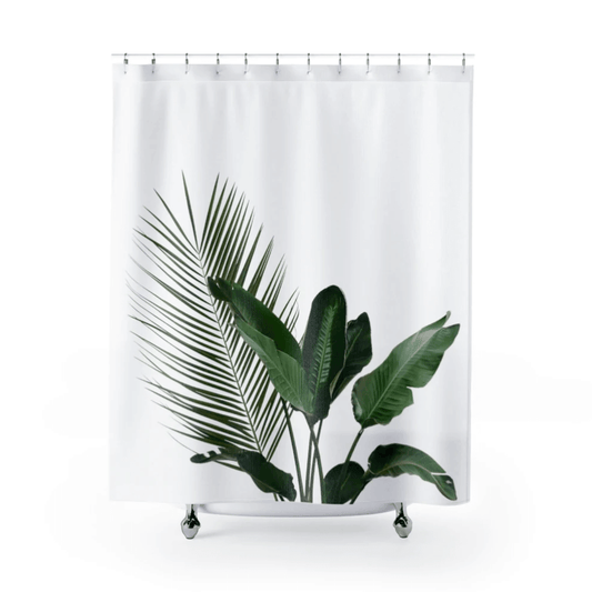 White shower curtain with tropical green house plant print – 71 x 74 inch bathroom decor
