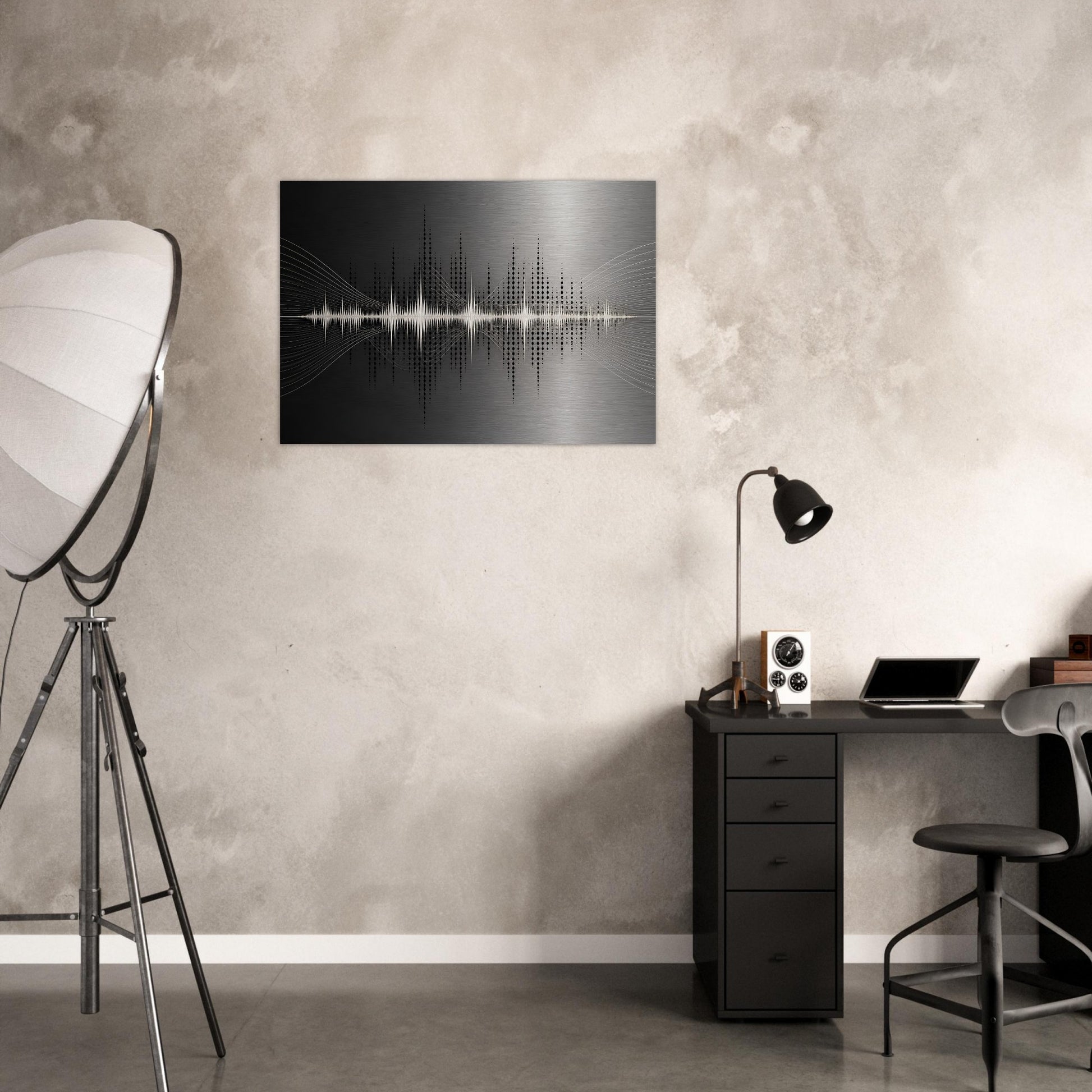 Abstract music soundwave wall art displayed above a desk in a modern home music studio with speaker and studio lighting.