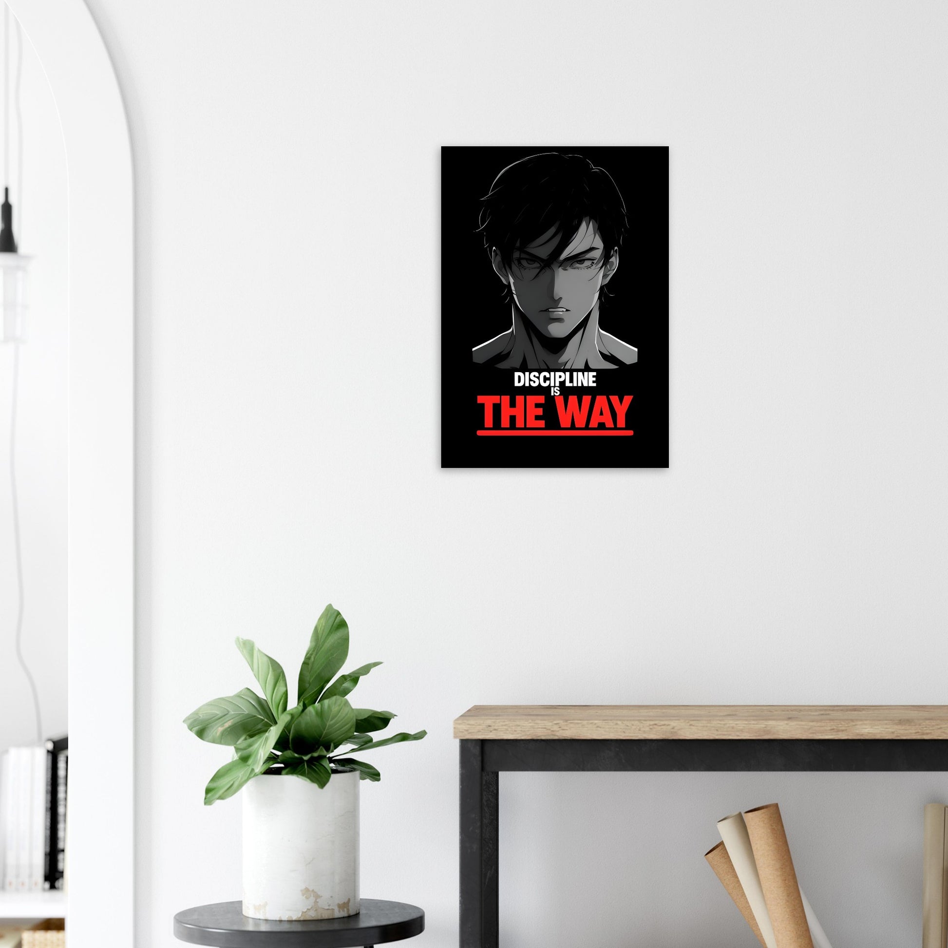 Poster of an anime character with text on a wall above a desk with a plant and books.