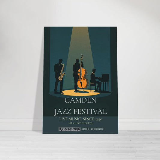 Camden Jazz Festival poster in modern living room with plant decor on a grey wooden floor