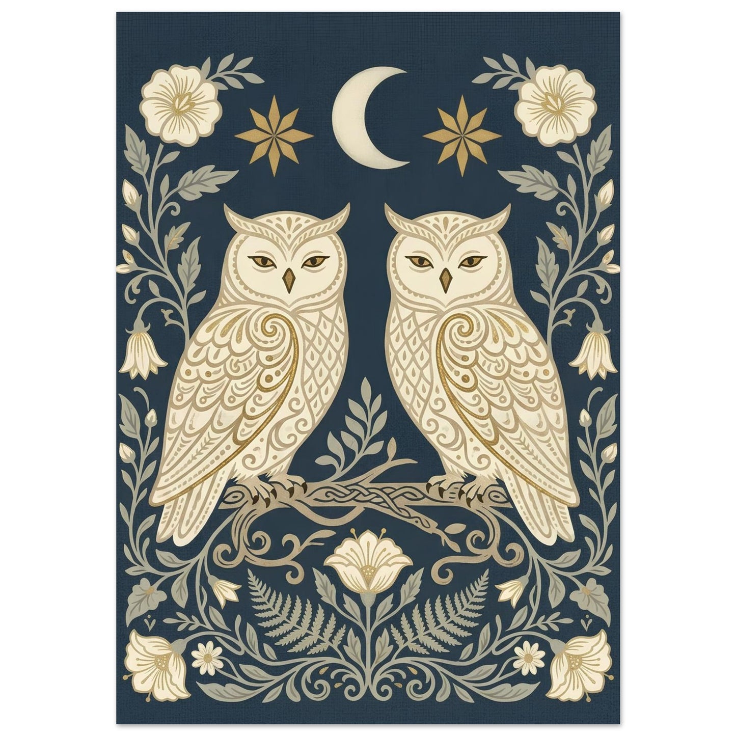 Close-up of Owls & Moonflowers wall art featuring symmetrical cream owls, moonflowers and celestial details on a navy background.