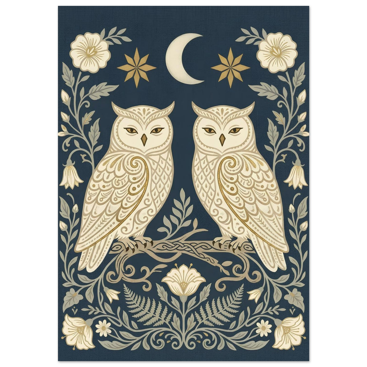 Close-up of Owls & Moonflowers wall art featuring symmetrical cream owls, moonflowers and celestial details on a navy background.